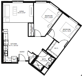 Floor plan for 2 beds, 1 bath, 1040 sqft